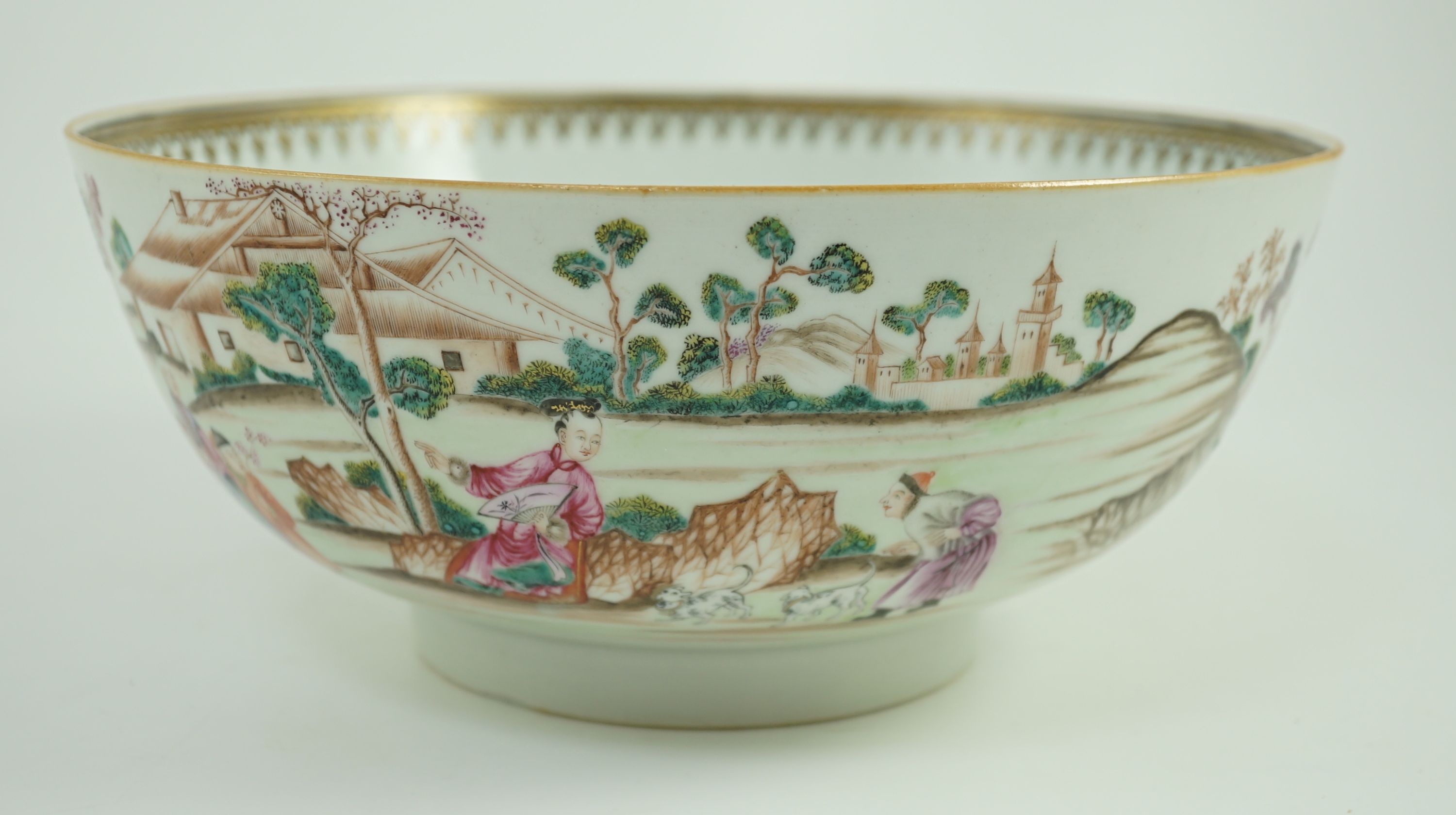 Chinese export famille rose fencai ‘Imperial Hunt’ punch bowl, Qianlong period, 26.4cm diameter